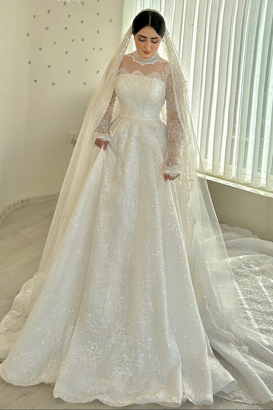 High Neck Illusion Long Sleeve Ball Gown Wedding Dress