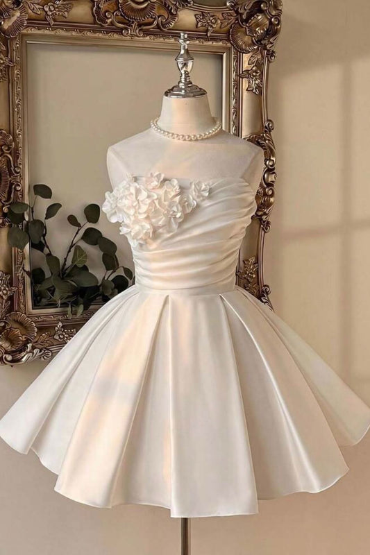 Strapless Satin A-Line Dress with 3D Flowers