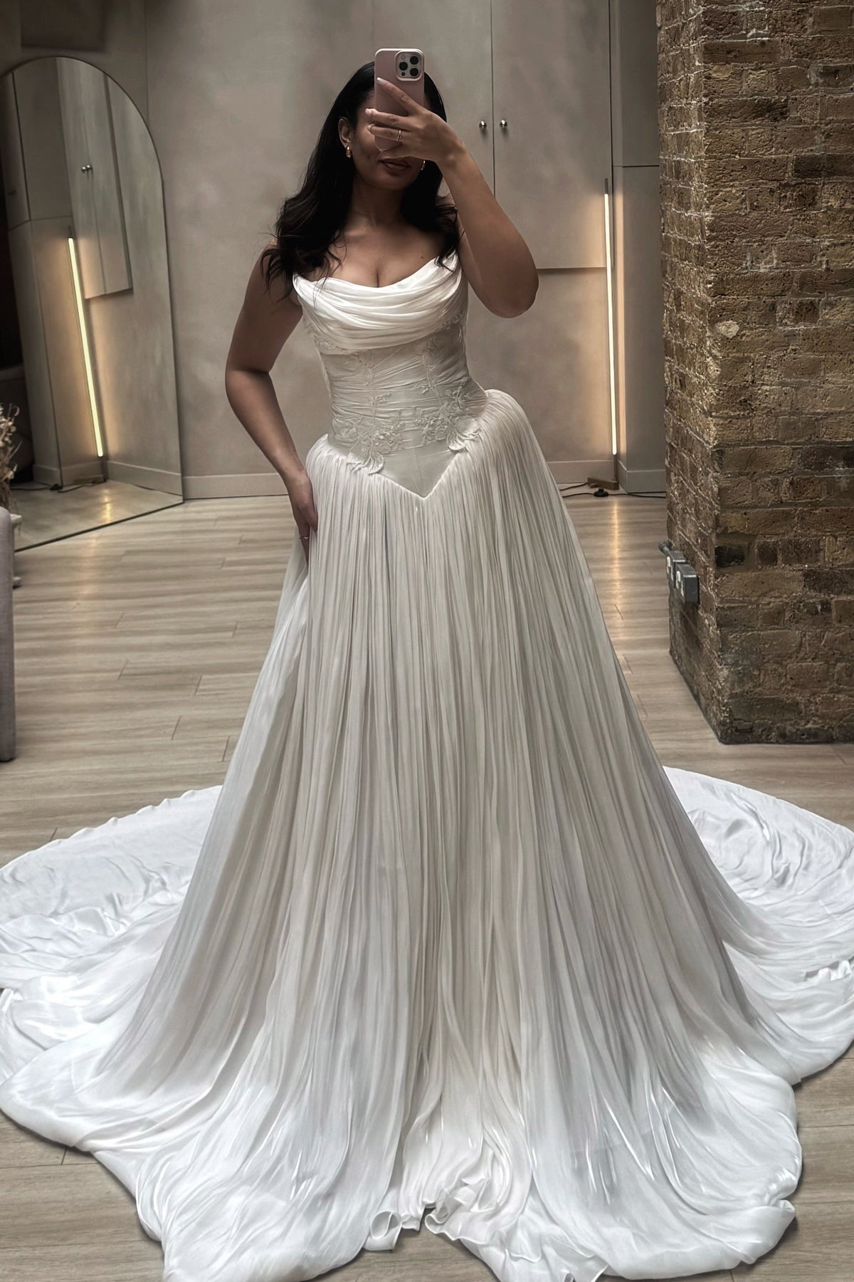 Cowl Neck Corset Wedding Dress with Pleated Skirt