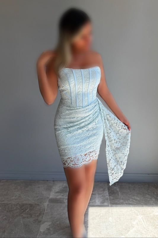 Strapless Lace Corset Mini Dress with Side Drape