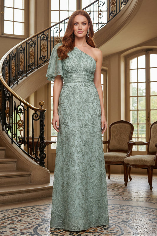 One Shoulder Floral Embroidered Evening Gown