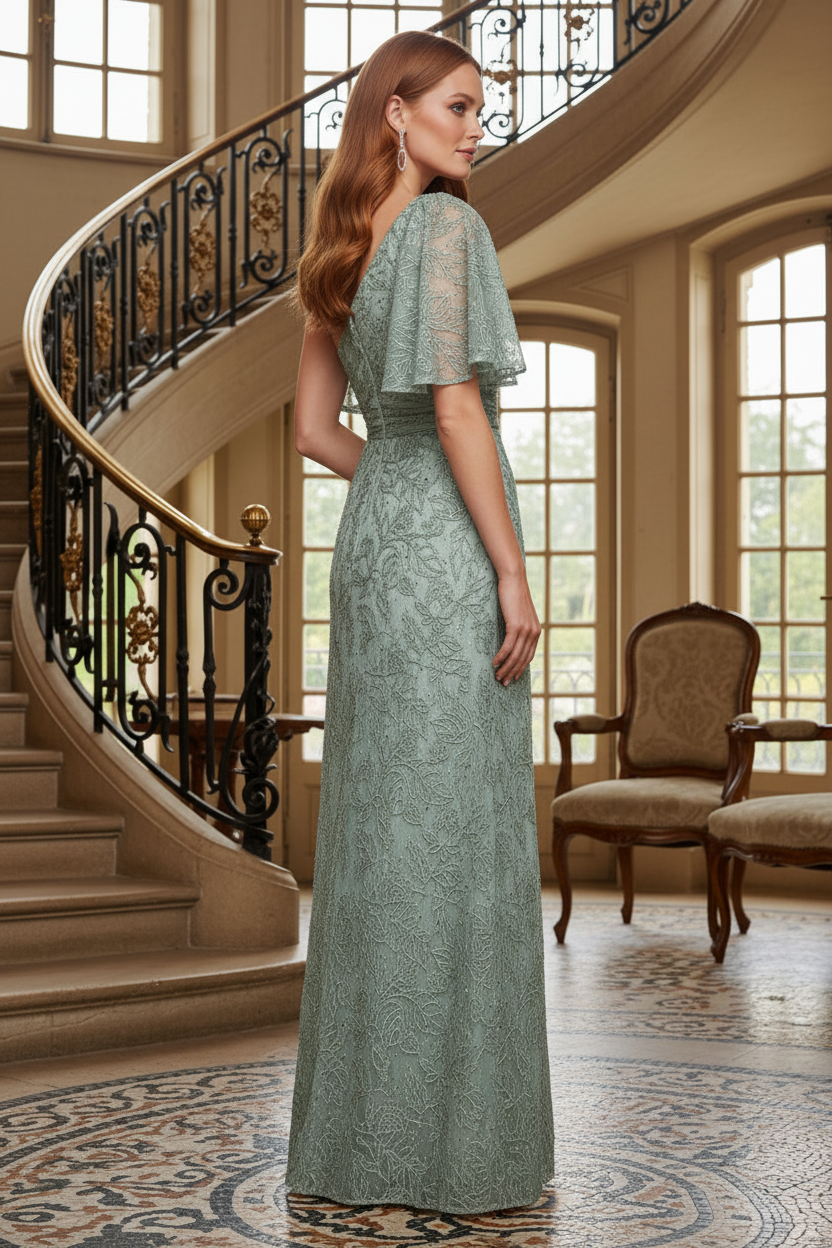One Shoulder Floral Embroidered Evening Gown