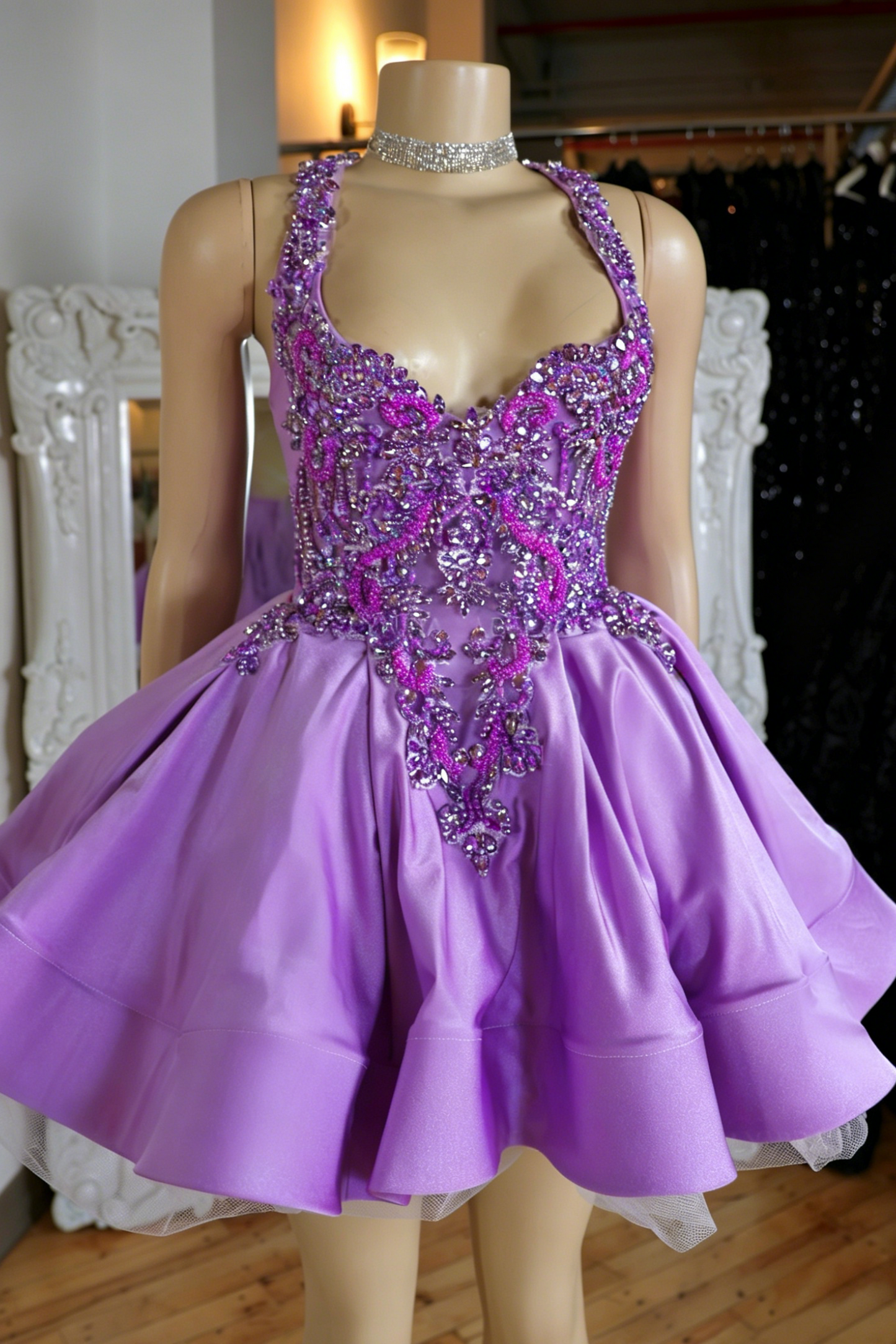 Crystal Beaded Halter Mini Dress with Full Skirt