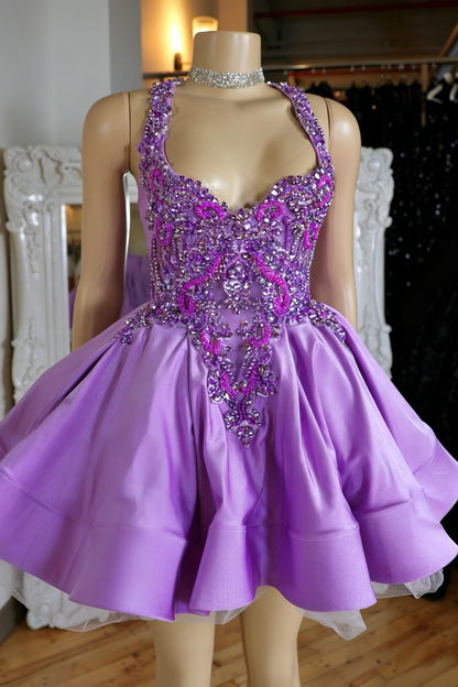 Crystal Beaded Halter Mini Dress with Full Skirt