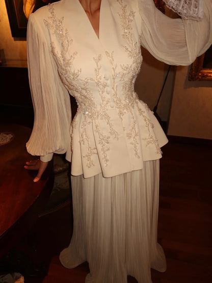 Beaded Peplum Top and Pleated Maxi Skirt Set