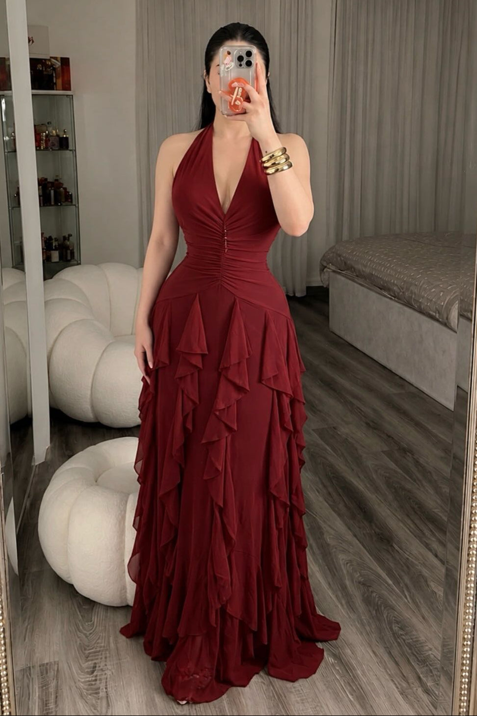 Ruched Halter Backless Dress with Cascading Ruffles