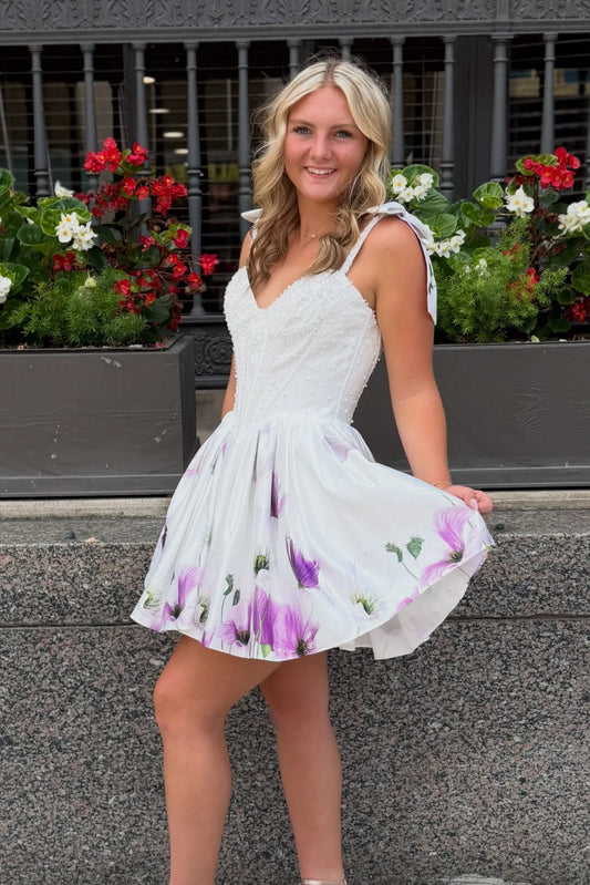 Tie-Strap Floral A-Line Mini Dress