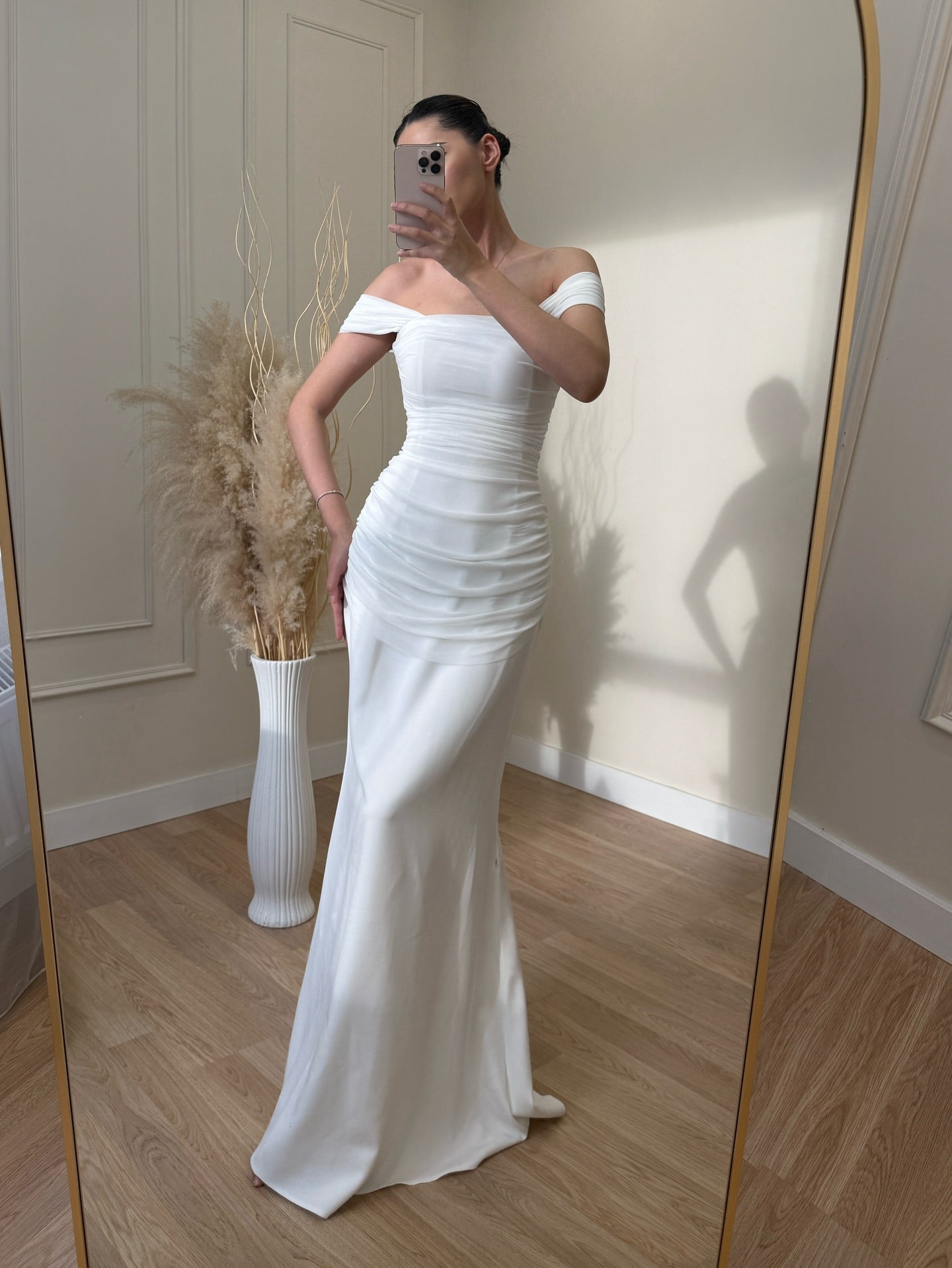 Off-Shoulder Ruched Sheath Wedding Gown
