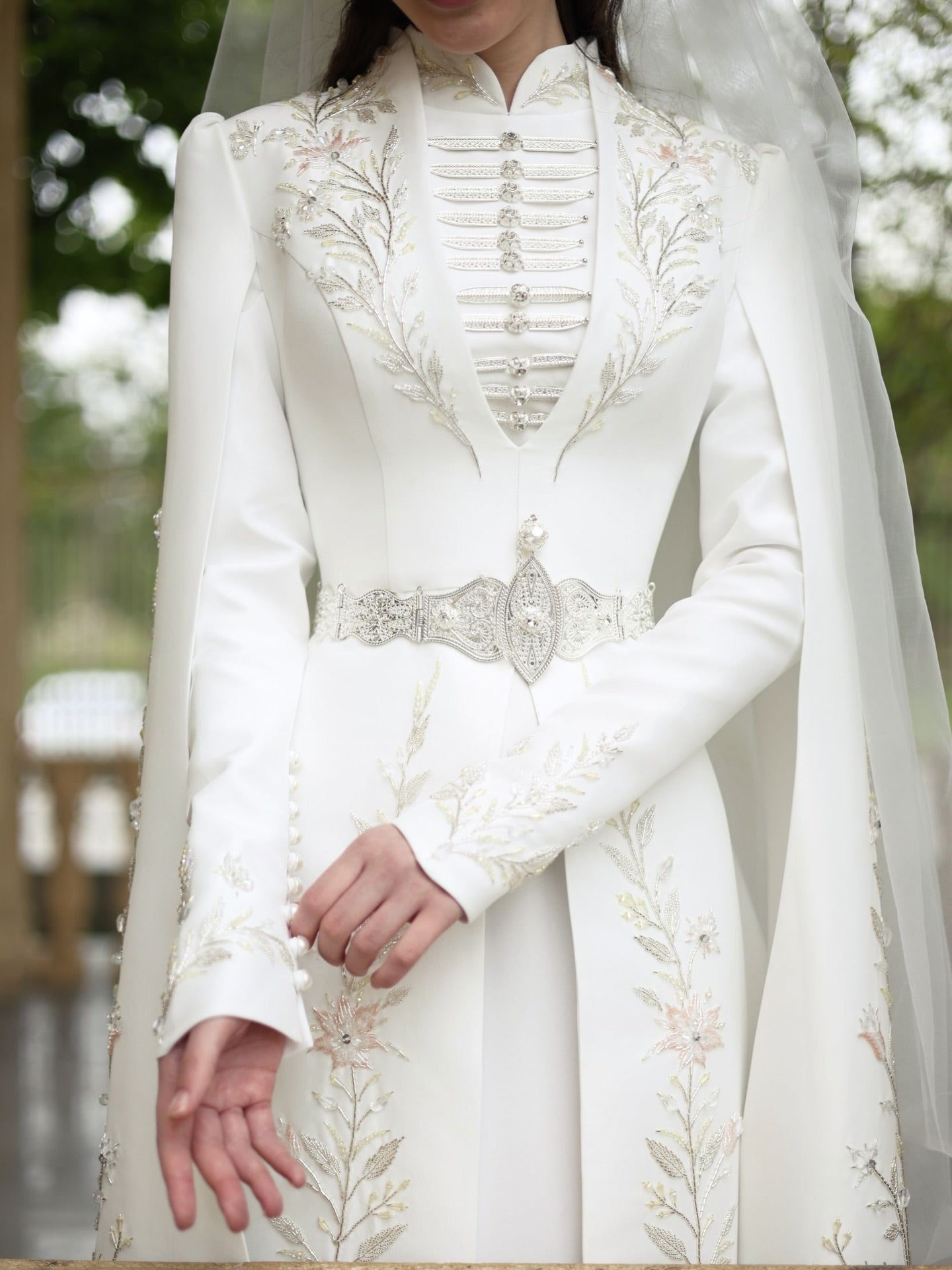 High-Neck Embroidered Bridal Gown with Cape Sleeves