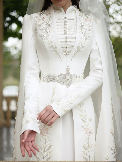 High-Neck Embroidered Bridal Gown with Cape Sleeves