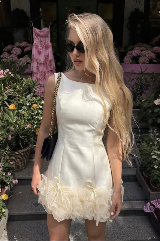 Sleeveless Bateau Neck Mini Dress with Ruffled Hem
