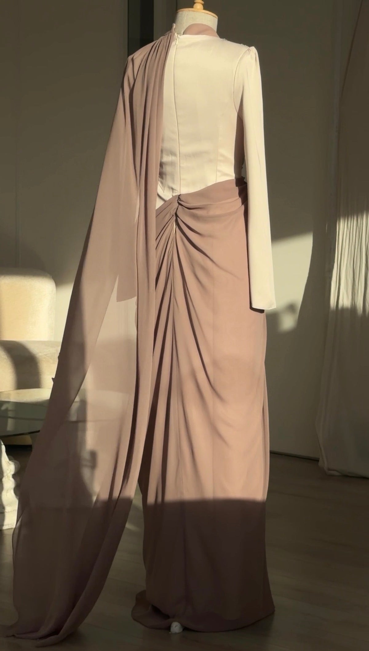 Draped Cape Gown with Crystal Embellishment