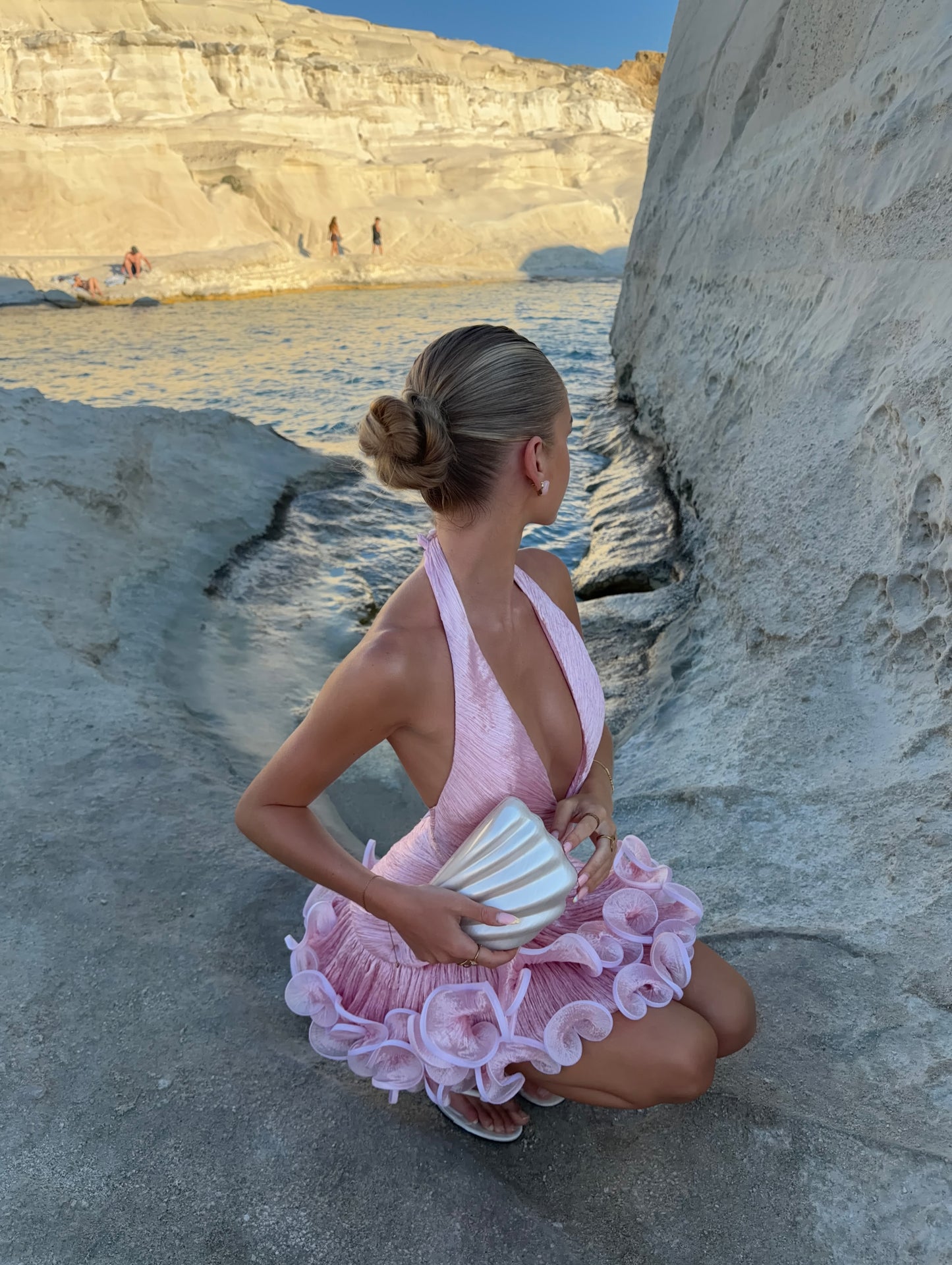 Halter Deep V Ruffled Mini Dress with 3D Floral Hem