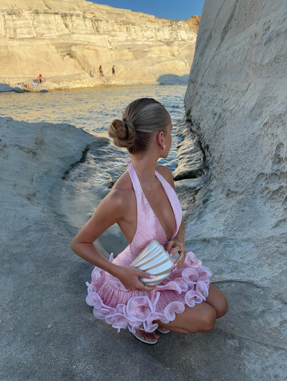 Halter Deep V Ruffled Mini Dress with 3D Floral Hem