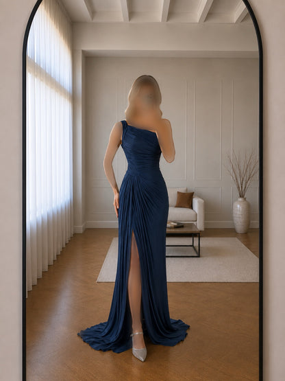 Pleated One-Shoulder Evening Gown with High Slit