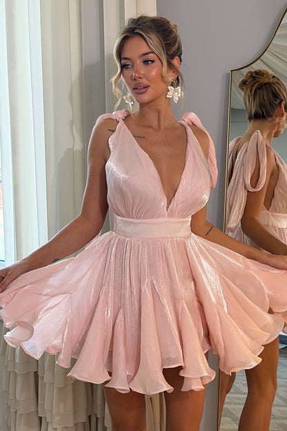 Deep V-Neck Shimmer Mini Dress with Shoulder Ties
