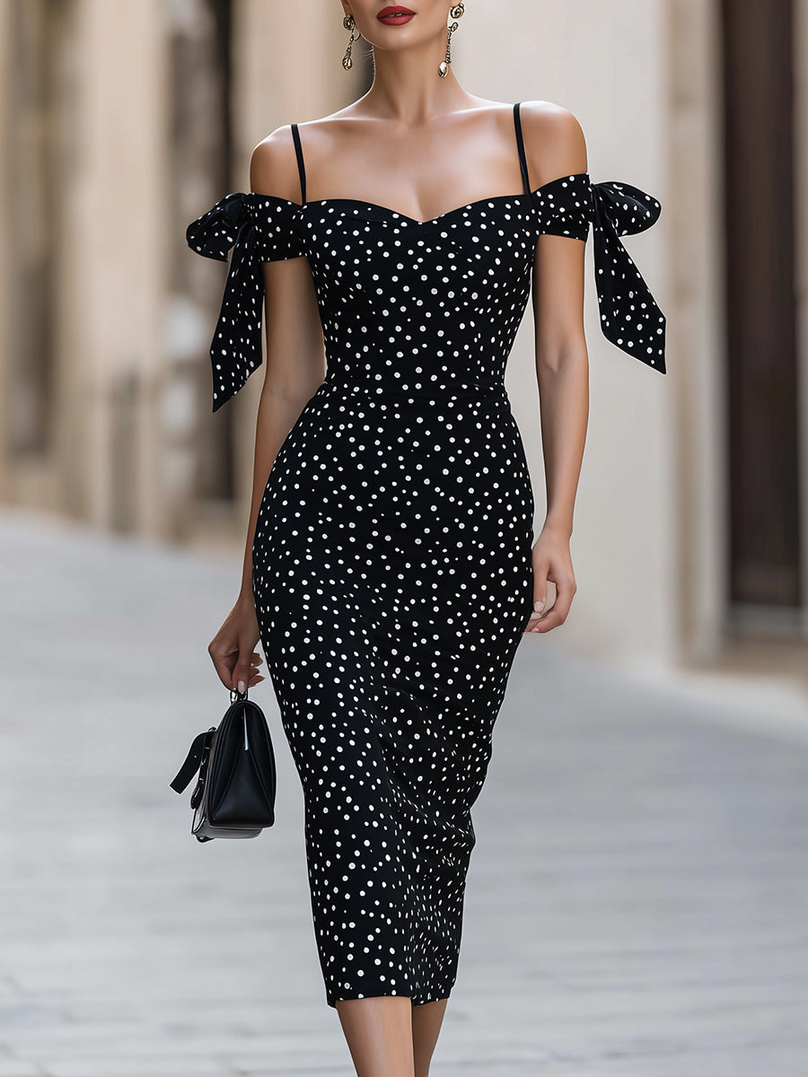 Polka Dot Sweetheart Midi Dress with Tie Sleeves
