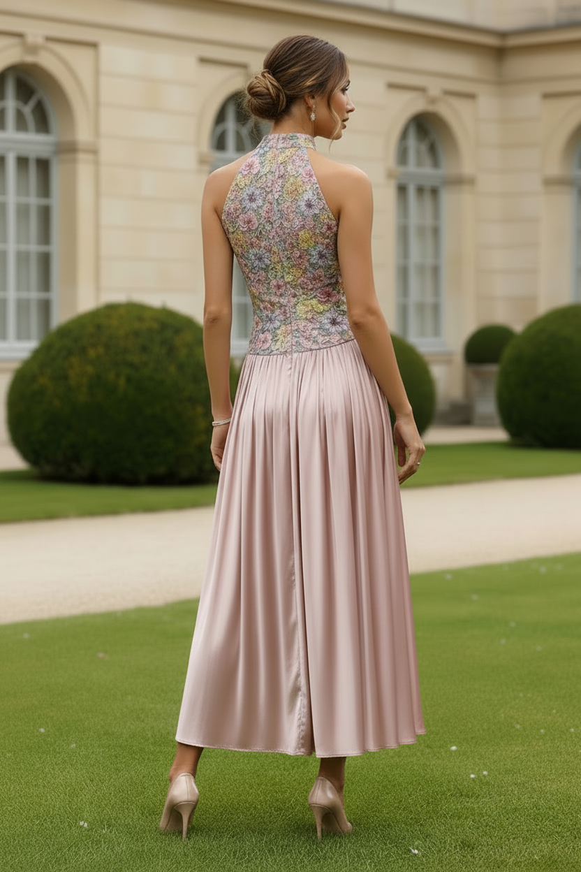 Floral Halter Midi Dress with Pleated Skirt