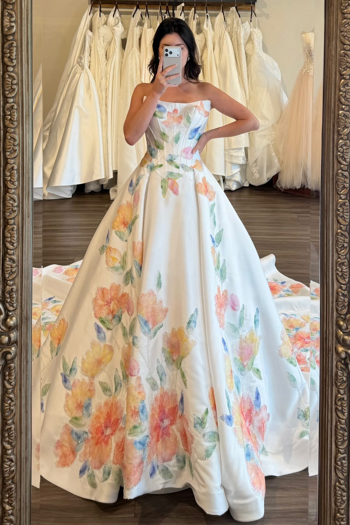 Strapless Watercolor Floral Ball Gown Wedding Dress