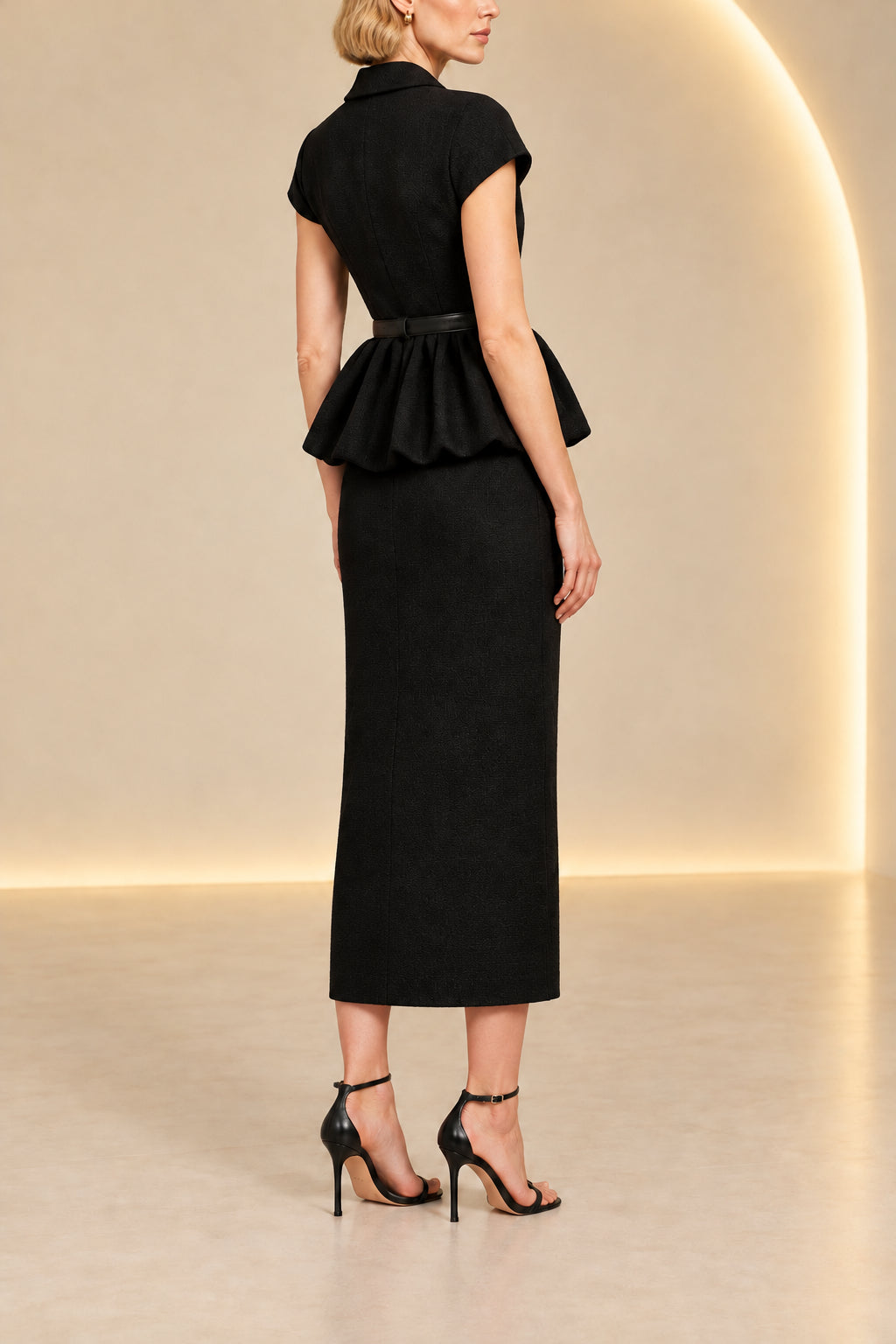 Peplum Column Midi Dress with Front Slit