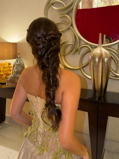 Strapless Corset A-Line Gown with Floral Appliques