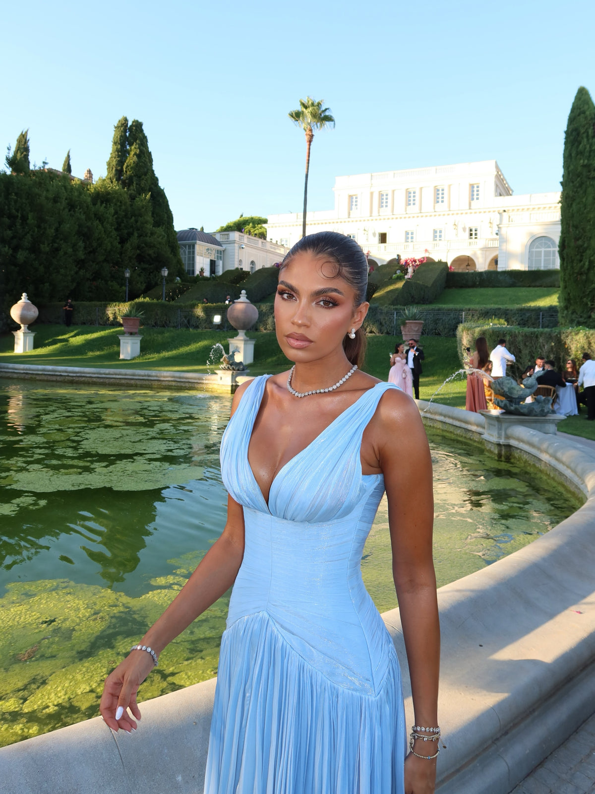 Pleated Deep V-Neck Gown with High Slit