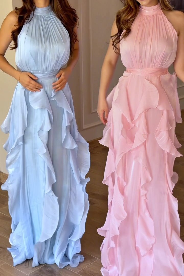 Halter Pleated Maxi Dress with Cascading Ruffles