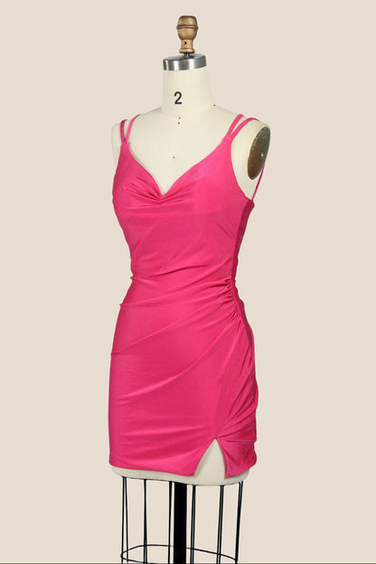 Cowl Neck Ruched Mini Dress with Lace-Up Back