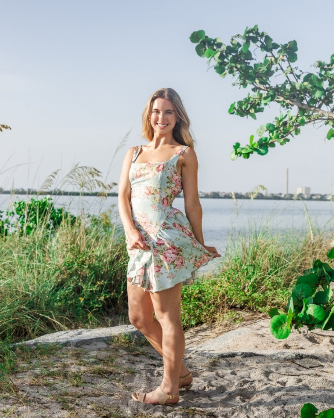 Floral Square Neck Mini Dress with Back Bow