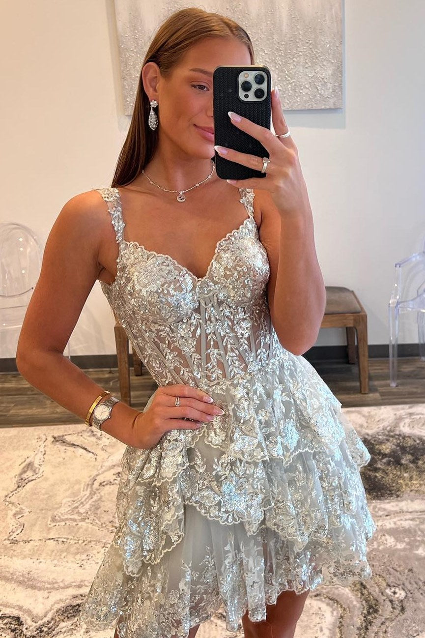 Off-the-Shoulder Tiered Sequined Corset Mini Dress