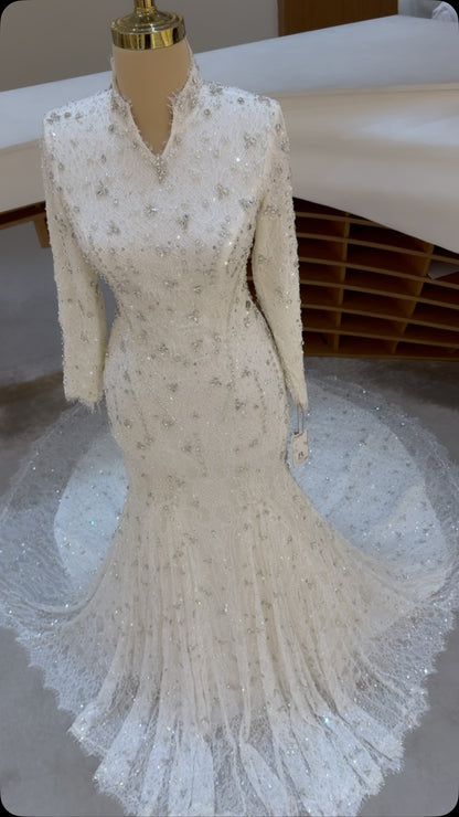 Beaded Lace High-Neck Long-Sleeve Mermaid Bridal Gown