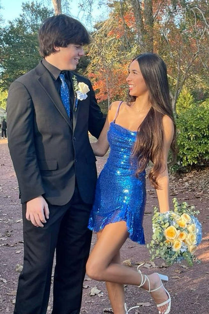 Cowl Neck Sequin Mini Dress with Lace-Up Back