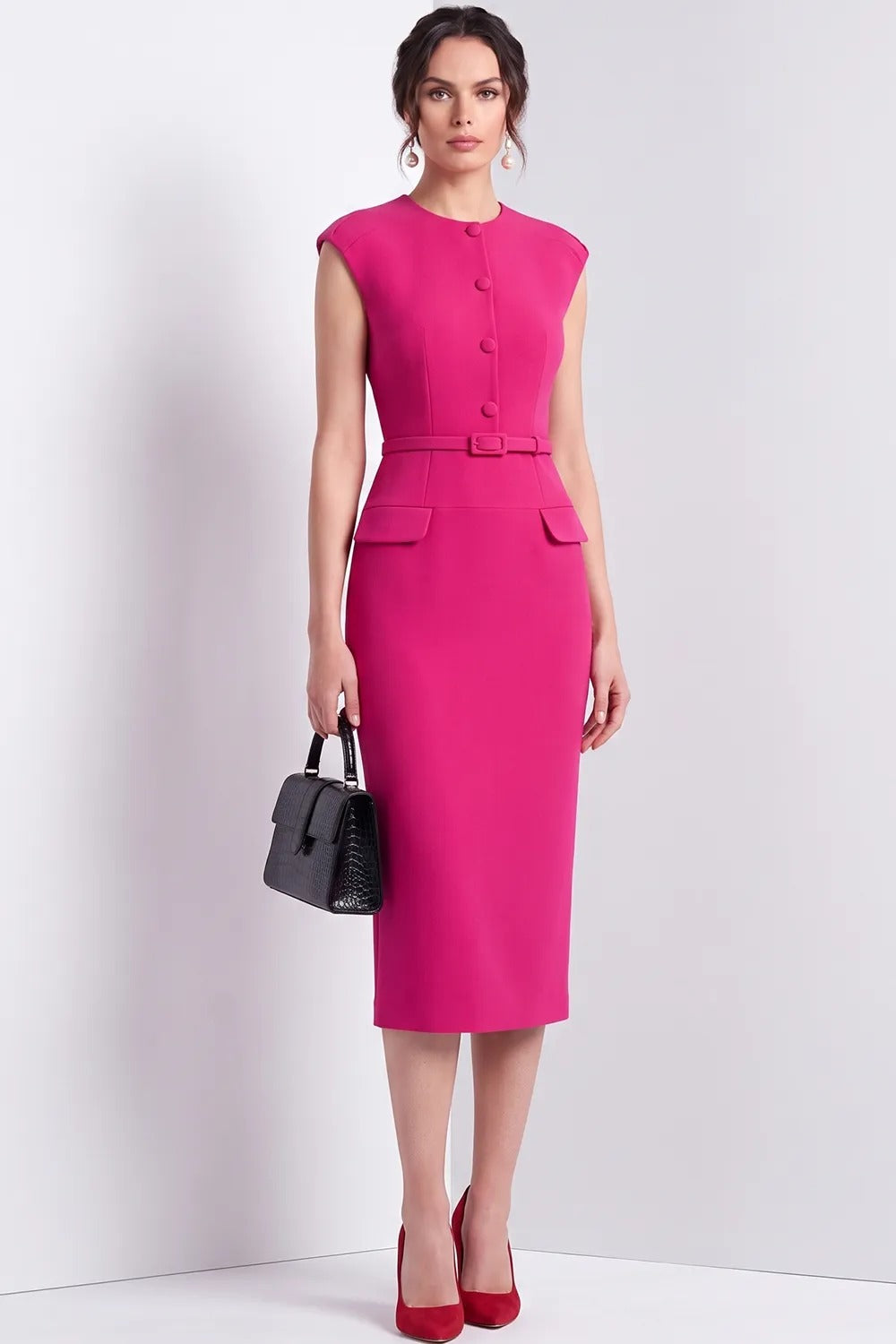 Belted Midi Sheath Dress with Flap Pockets