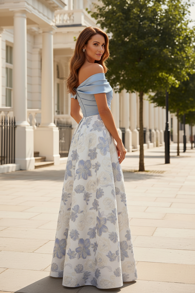 Off-the-Shoulder Floral Jacquard Gown with High Slit Skirt