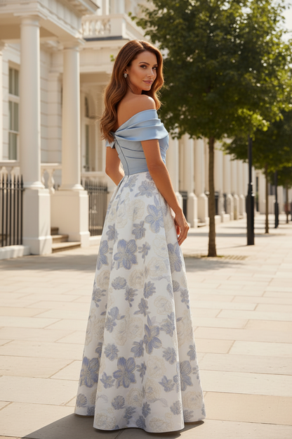Off-the-Shoulder Floral Jacquard Gown with High Slit Skirt