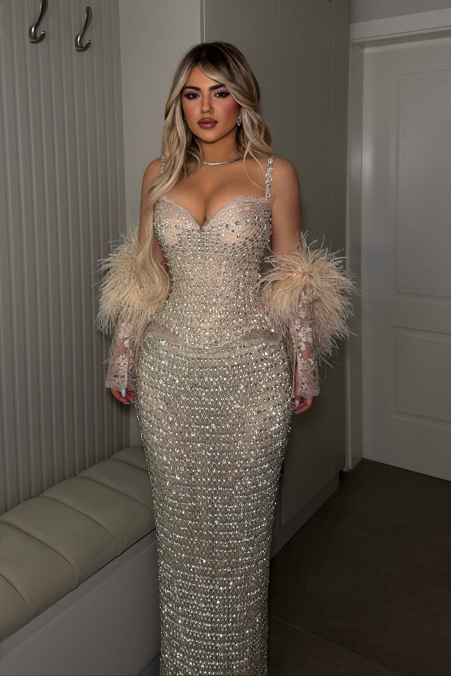 Beaded Corset Evening Gown with Feather Sleeves