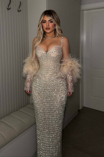 Beaded Corset Evening Gown with Feather Sleeves
