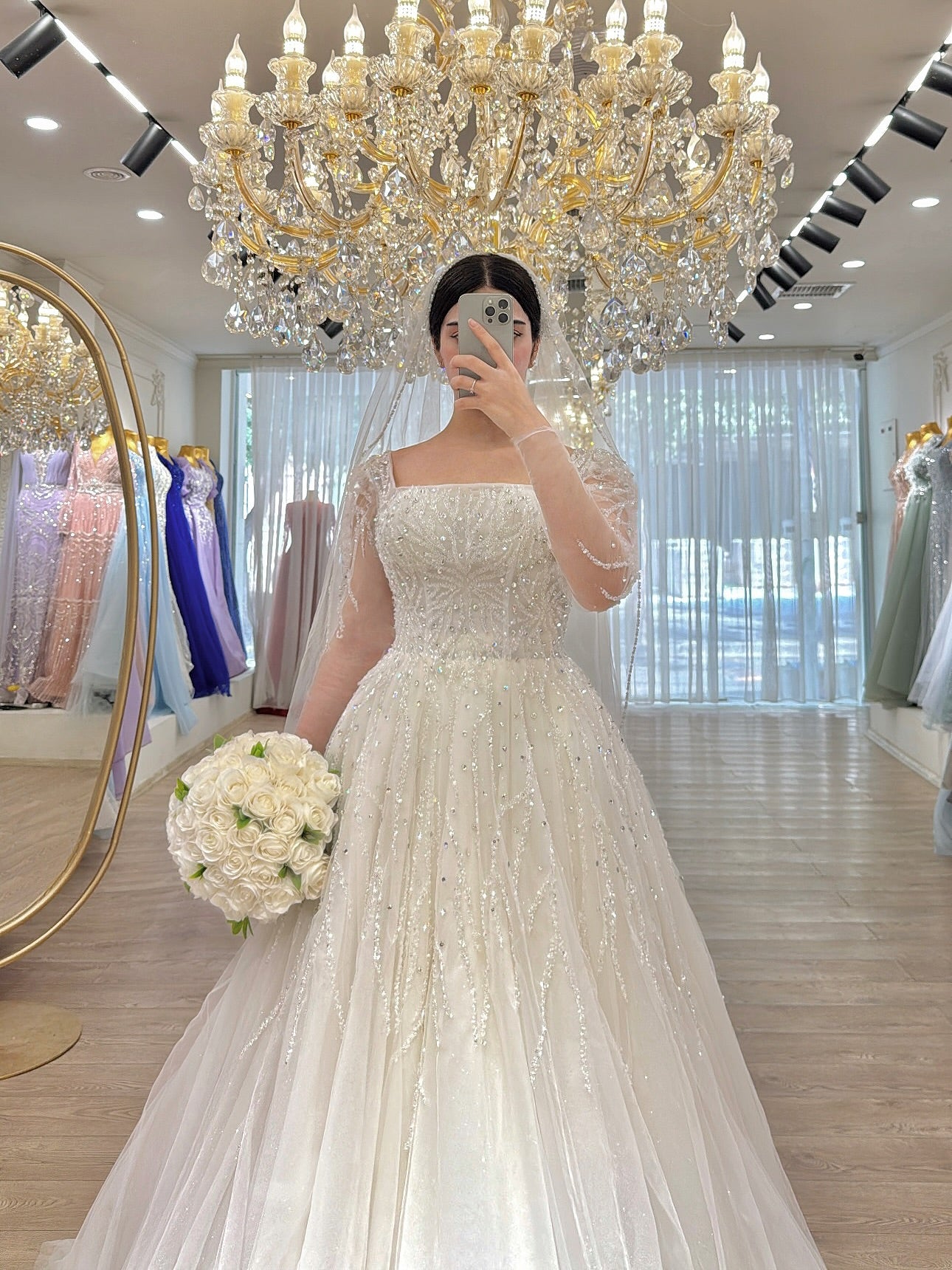 Square Neck Long Sleeve Beaded Tulle Wedding Dress