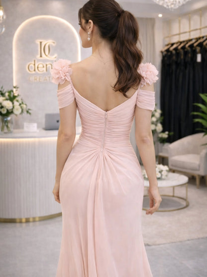 Off-Shoulder Ruched Evening Gown with Slit