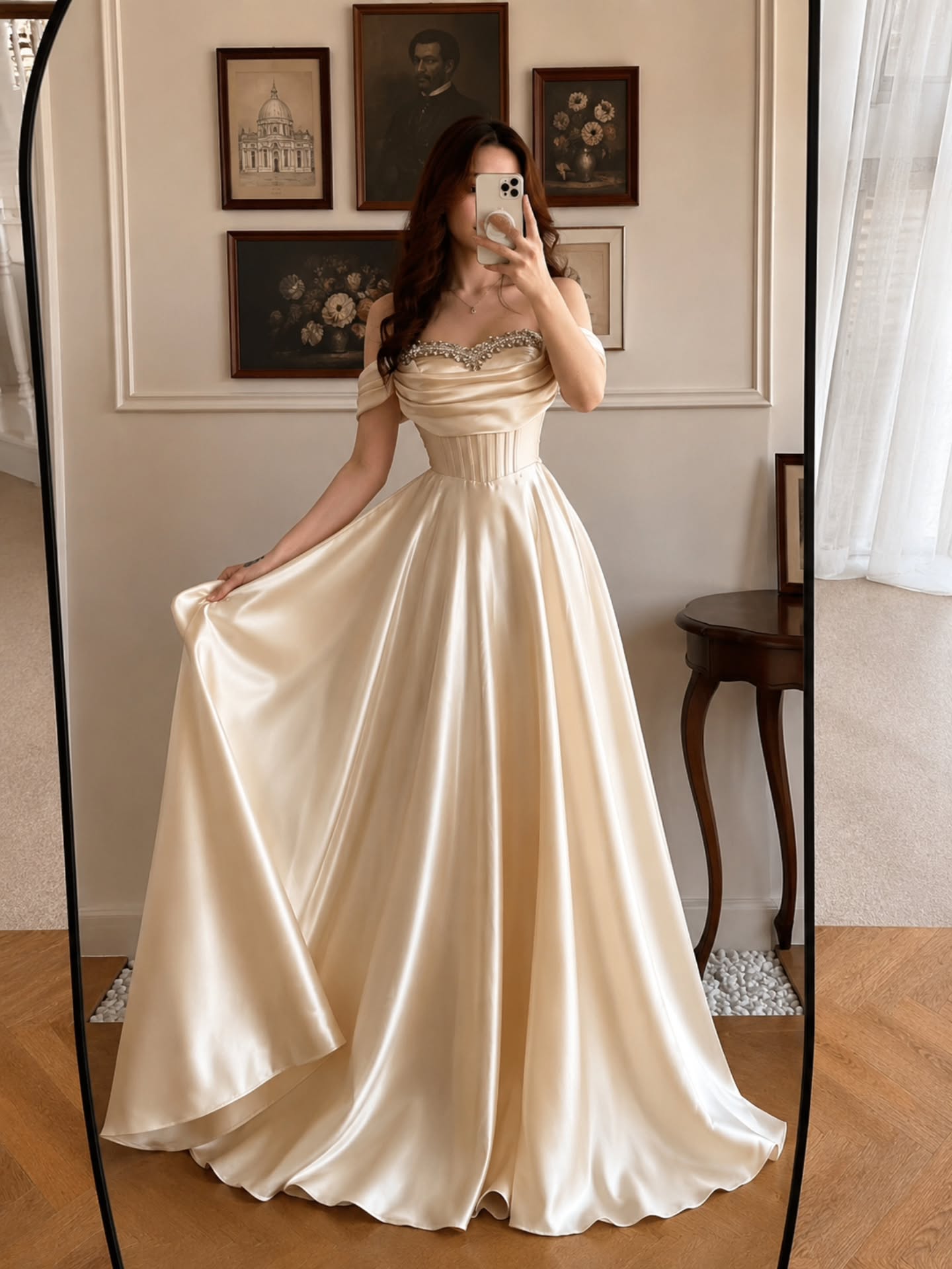 Beaded Off-the-Shoulder Satin Corset Gown