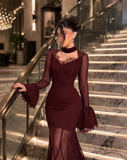 High-Neck Mermaid Evening Gown with Bell Sleeves