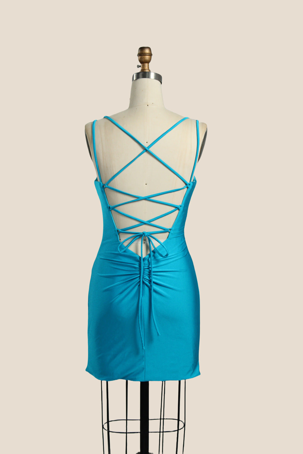 Cowl Neck Ruched Mini Dress with Lace-Up Back