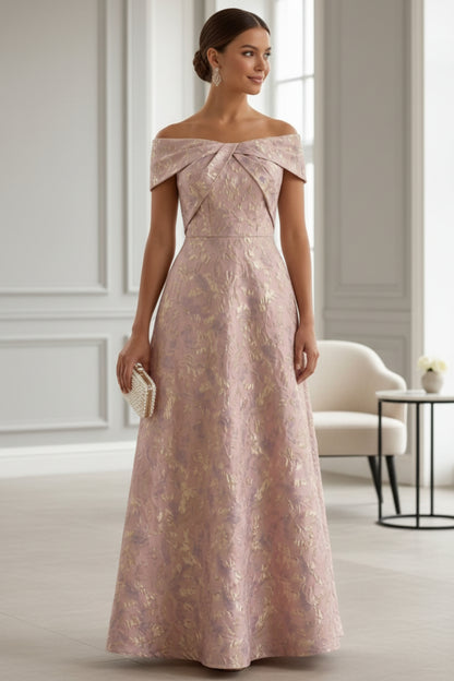 Pink Gold Jacquard Off-the-Shoulder A-Line Gown | Mother of the Bride Dress
