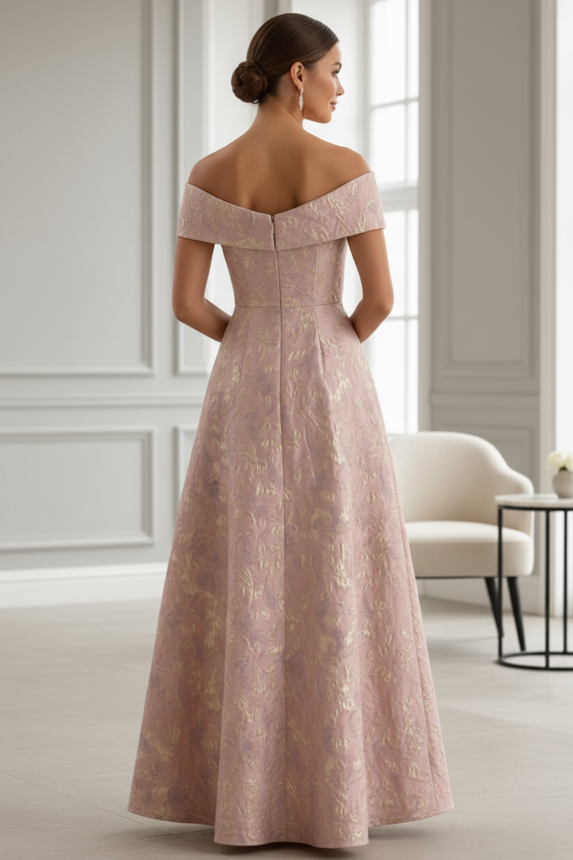 Pink Gold Jacquard Off-the-Shoulder A-Line Gown | Mother of the Bride Dress
