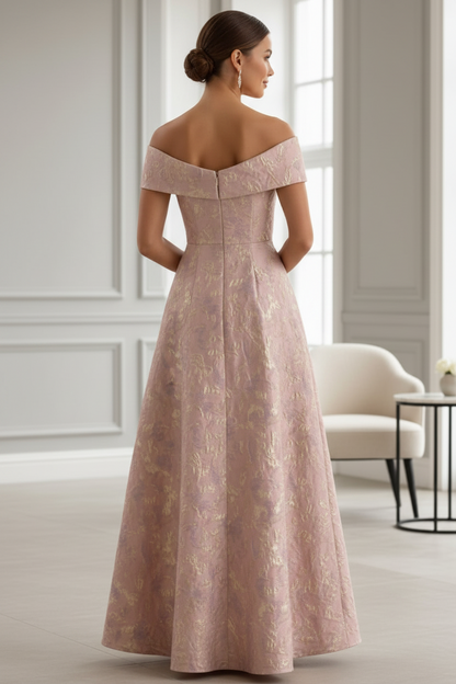 Pink Gold Jacquard Off-the-Shoulder A-Line Gown | Mother of the Bride Dress