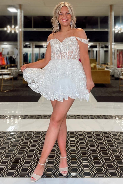 Off-the-Shoulder Tiered Sequined Corset Mini Dress