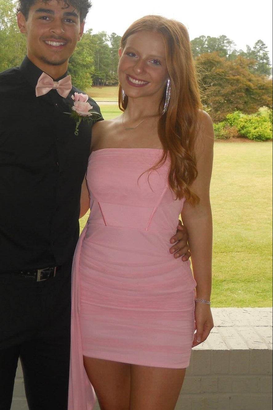 Strapless Ruched Bodycon Mini Dress with Side Drape