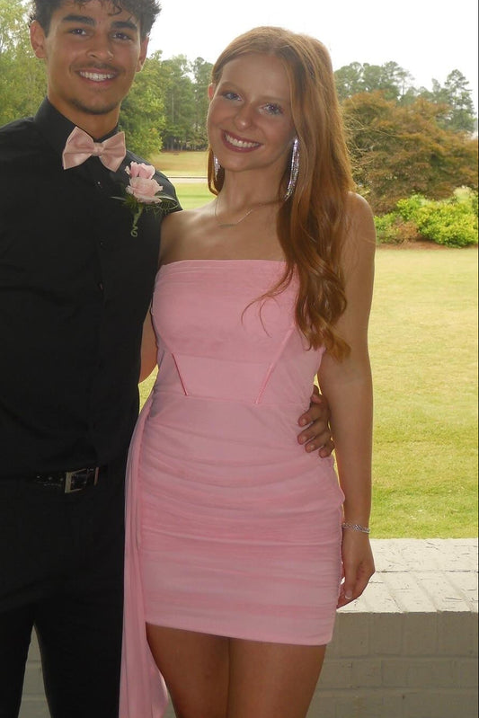 Strapless Ruched Bodycon Mini Dress with Side Drape