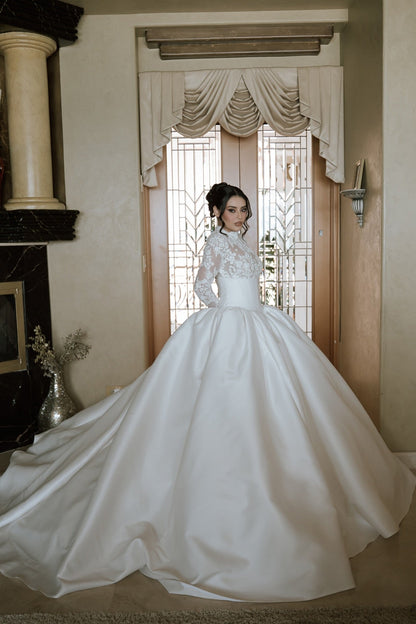 High Neck Lace Bodice Satin Ball Gown Wedding Dress
