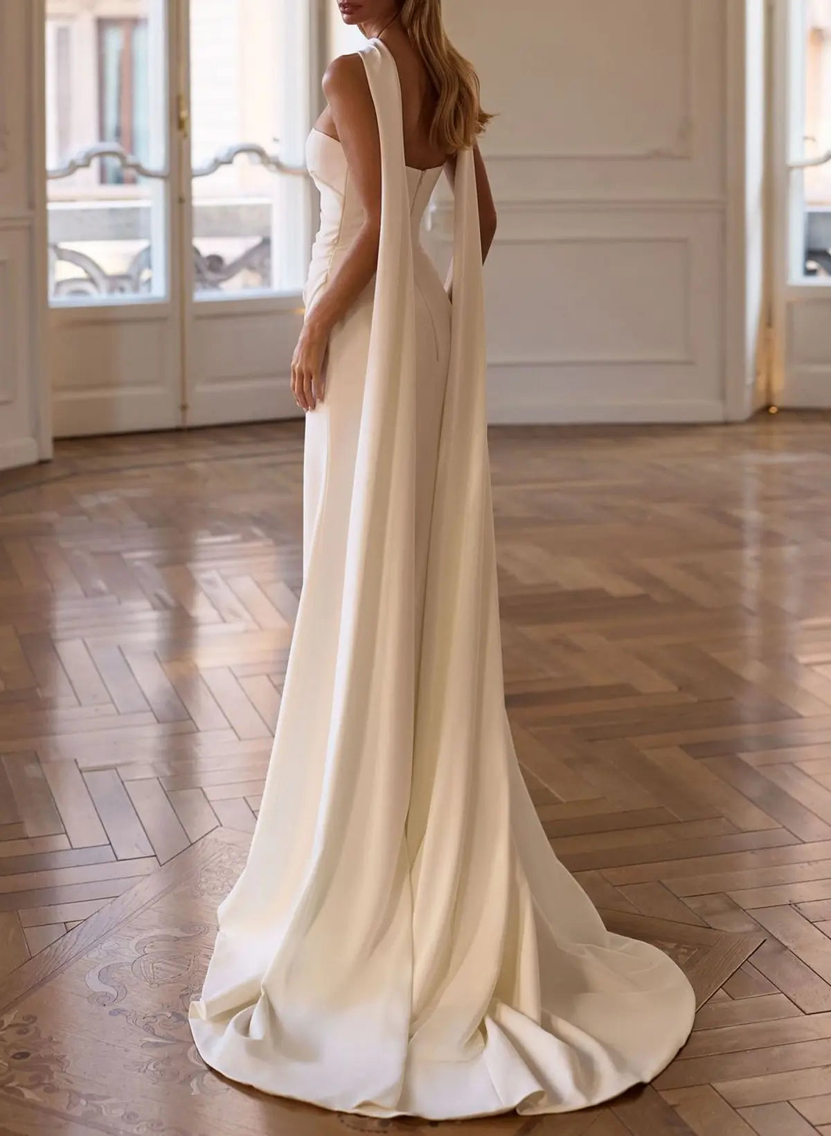 Minimalist Strapless Wedding Dress with Watteau Cape